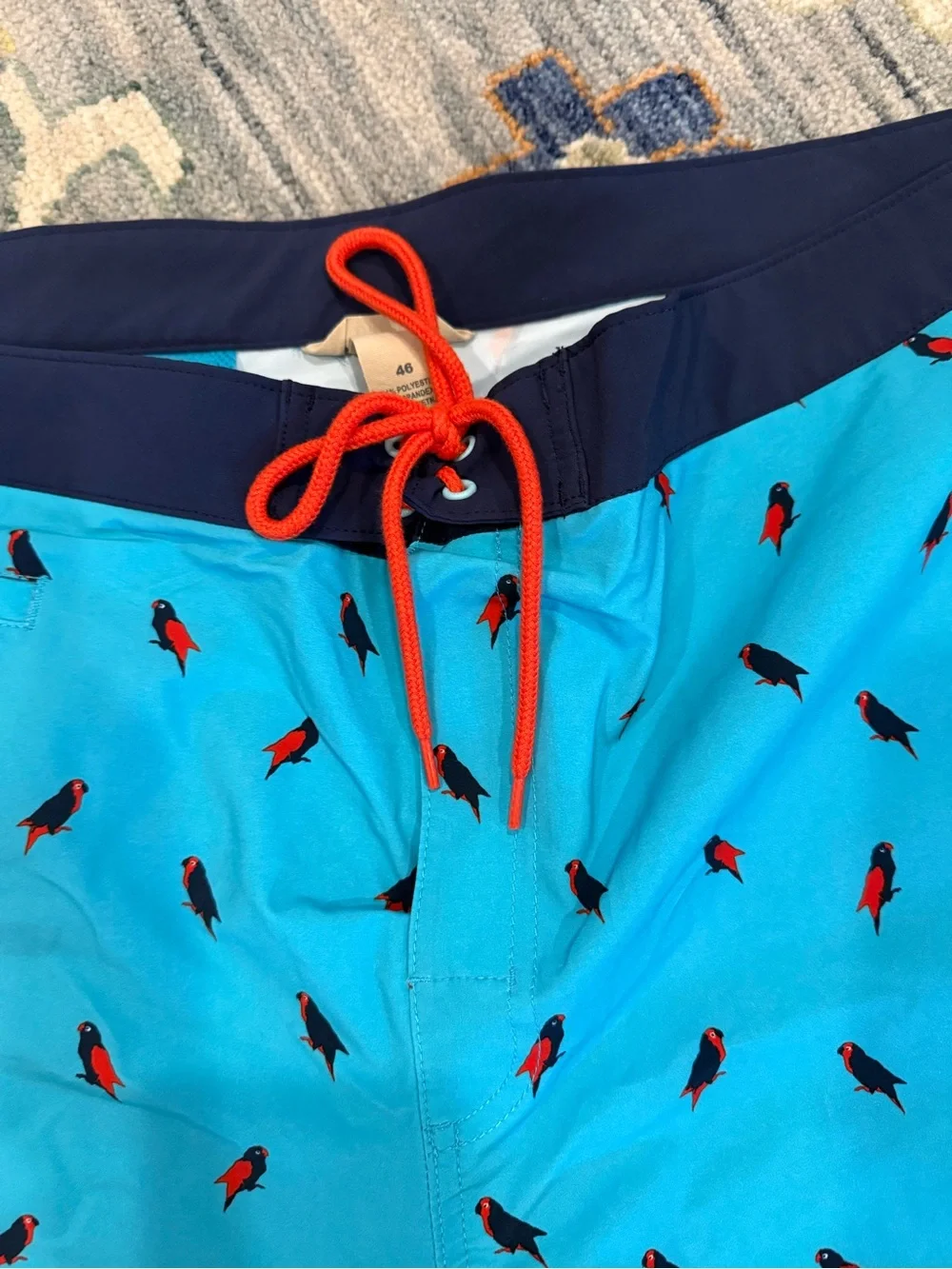Duluth Trading Co. Men's Bull Moose parrot print board shorts in blue size 46
